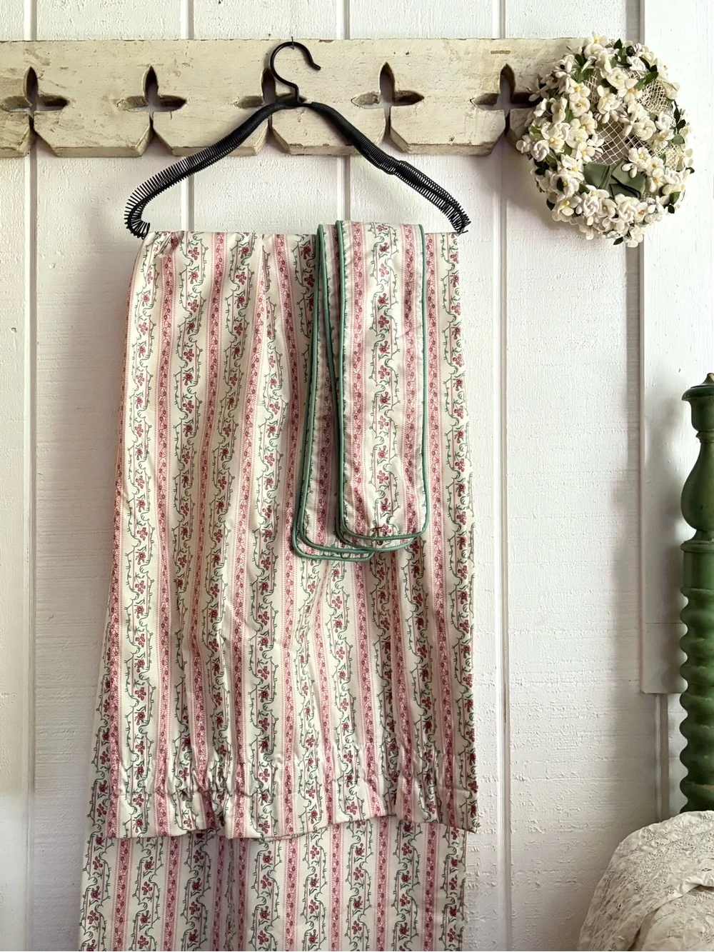 Vintage Cotton Heavy Floral Branch  Ticking Stripes Curtains set of 2 Flaws